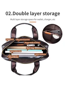 Men's Genuine Leather Business Briefcase Laptop Bag with Multi-Layer Storage Design