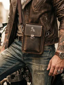 Borsa marsupio uomo in pelle vintage multifunzionale borsa a tracolla telefono marrone.