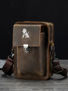 Borsa a tracolla da uomo in pelle cavallo pazzo vintage, marsupio porta cellulare.