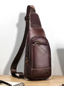 Men's Genuine Leather Chest Bag Urban Minimalist Casual Crossbody Shoulder Bag Solid Color Top Layer Cowhide Sling Bag