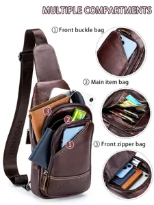 Men genuine leather chest sling bag multi-compartment vintage casual cross body backpack
