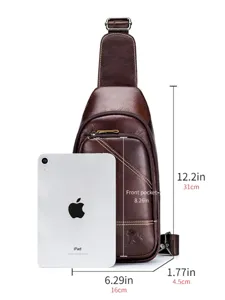 Men's genuine leather sling bag chest pack casual crossbody bag with multiple pockets brown