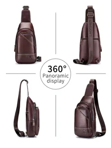 Men's genuine leather chest bag vintage sling shoulder crossbody bag multi-pocket