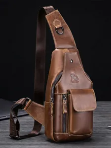 Mens Vintage Genuine Leather Chest Bag Casual Top Layer Cowhide Crossbody Sling Bag Retro Messenger Bag