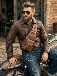 Men vintage genuine leather chest bag cross body shoulder backpack casual brown bag.