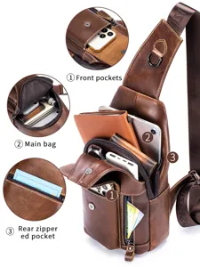 Men leather sling bag casual chest bag multi-pocket vintage shoulder daypack for travel.