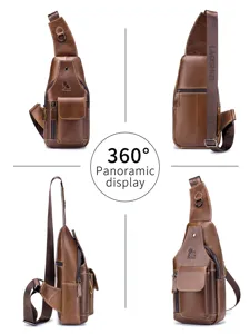 Men's genuine leather sling bag casual chest pack vintage crossbody daypack with multiple zipper pockets.