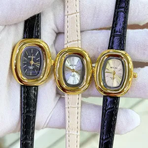 MICAI Damen Quarz Uhr elegante ovale Zifferblatt Lederarmband Vintage Mode Armbanduhr