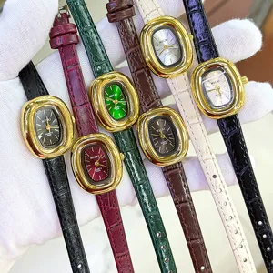 MICAI Vintage Damen Armbanduhr mit ovalem Zifferblatt und elegantem Lederarmband im Retro-Stil.