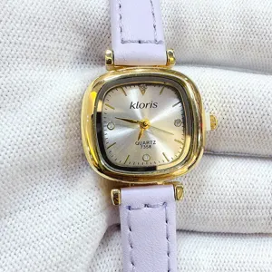 Kloris women square quartz watch with purple leather strap and silver dial chic design.