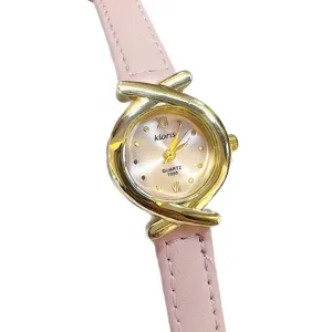 Kloris women quartz watch with pink leather strap and unique gold cross metal case main.