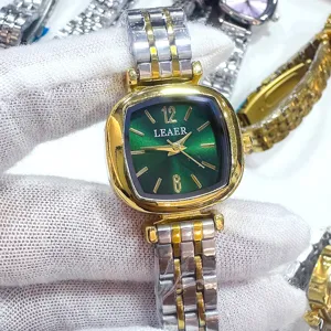 Reloj de cuarzo mujer LEAER esfera cuadrada verde pulsera de acero bicolor de lujo