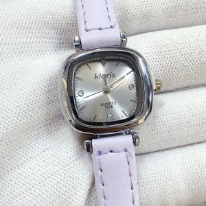 Detail of Kloris women quartz watch featuring a stylish silver square dial and purple leather strap.