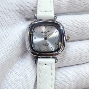 Kloris women square quartz watch white leather strap elegant minimalist timepiece