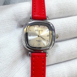 Women cushion case quartz watch with red leather strap and elegant dial markers for daily wear.