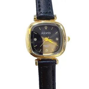 Elegant women's quartz watch with a black square dial and genuine leather strap for daily wear.
