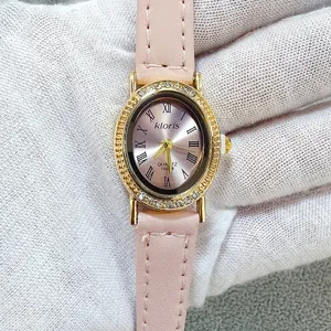 Fashion Elegant Women Quartz Watch Minimalist Oval Rhinestone Case Ladies Watch Classic Roman Numerals Dial Faux Leather Strap Casual Timepiece Gift