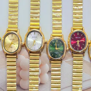 Vintage Antique Style Gold Oval Small Dial Women Watch Stainless Steel Bamboo Joint Strap Quartz Pointer Chain Watch For Lady Gift