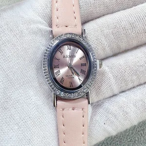 Kloris women quartz watch pink leather strap oval rhinestone dial elegant casual timepiece