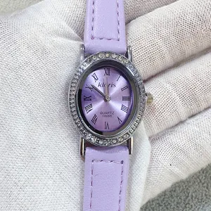 Kloris women quartz watch elegant oval rhinestone purple leather strap chic casual timepiece