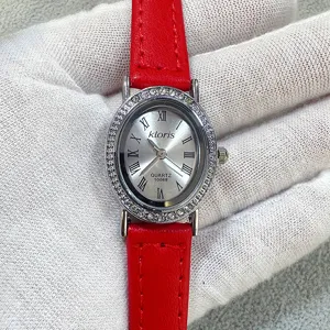 Kloris women quartz watch red leather strap oval rhinestone bezel elegant wrist watch