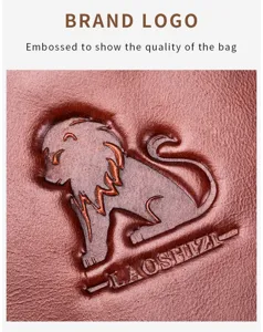 Detailed shot of genuine leather chest bag with embossed lion logo and premium texture.