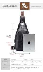 Borsa a tracolla da uomo in vera pelle motivo coccodrillo borsa petto USB multifunzione