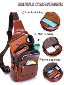 Men leather sling bag chest pack multi-compartment casual vintage brown shoulder crossbody bag