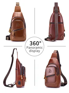 Men genuine leather chest bag vintage sling backpack USB charging port multi-pocket brown
