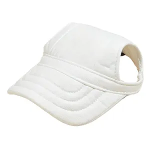 White pet sun hat, breathable dog baseball cap with ear holes, adjustable summer sun protection.