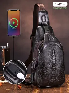 Borsa da Petto per Uomo in Vera Pelle Pelle Bovina Motivo Coccodrillo Borsa a Tracolla Ricarica USB Casual Sling