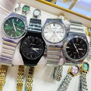 Men's quartz watch with metal steel strap and double calendar display, elegant business style.