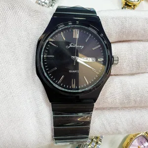 Detailed view of the black quartz men's watch with steel strap and dual calendar display.