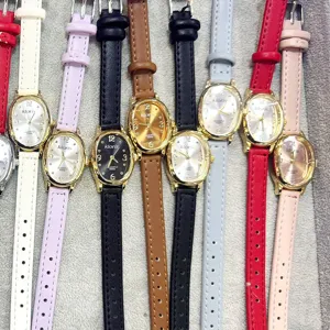 Kloris Damen Quarzurhr, minimalistisches kleines ovales Zifferblatt mit schmalen Lederarmbändern.