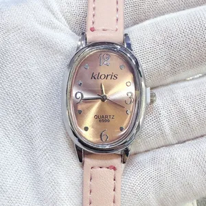 Kloris minimalistische ovale Quarzuhr fuer Damen mit rosa Lederarmband, elegante Damenuhr.
