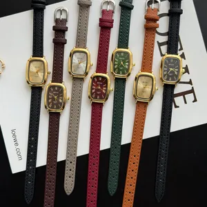 Moderne montre femme vintage rectangulaire MICAI avec chiffres romains et bracelet cuir élégant.