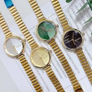 Reloj de Cuarzo Vintage para Mujer Oro Acero Inoxidable Correa Eslabones Bambú Esfera Redonda Elegante Reloj de Pulsera