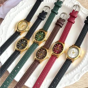 Damen Vintage kleine Zifferblatt Quarzuhr mit schmalem Lederarmband elegante Armbanduhr Set