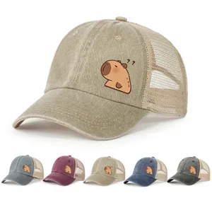 Washed Polyester Mesh Trucker Kappe Mit Cartoon Capybara Druck Einstellbar Sonnenschutz Baseball Cap Für Damen Herren Outdoor