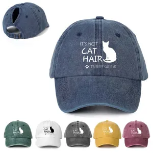 Washed Polyester Ponytail Baseball Cap Distressed Cat Hair Kitty Glitter Print For Women Adjustable Outdoor Sun Hat