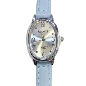 Damen Quarzuhr ovales Zifferblatt hellblaues Lederarmband minimalistisch Alltag Uhr