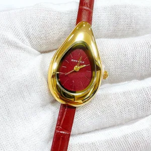 Exklusive Tropfenlederuhr für Damen Teardrop elegante Quarzuhr mit rotem Lederarmband