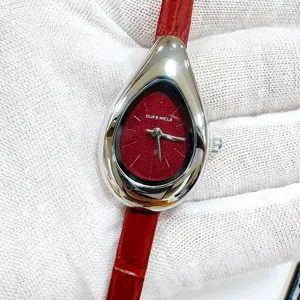 Damen Tropfen Lederuhr rotes Zifferblatt elegante Quarzuhr mit echtem Lederarmband