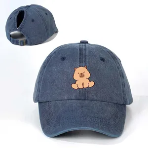 Süße Capybara Jeans Baseball Cap für Damen, gewaschene blaue Pferdeschwanz Kappe verstellbar