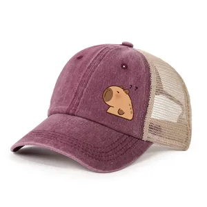 Vintage gewaschene Mesh Baseballcap mit niedlichem Capybara Motiv, atmungsaktiv, verstellbar.