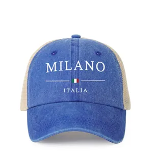 Blue washed mesh trucker hat detailed with Milano Italia print and adjustable strap for outdoor.