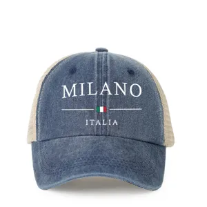 Distressed denim trucker hat with mesh back, featuring MILANO ITALIA front print and adjustable strap.
