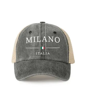 Vintage washed trucker hat with Milano Italia print and mesh back, adjustable casual baseball cap.