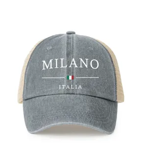 Vintage washed trucker hat with Milano Italia print and mesh back, adjustable casual cap.