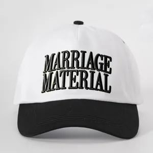 Classic white and black baseball cap featuring stylish embroidered lettering on the front panel.